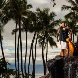 a person standing next to a palm tree next to a body of water