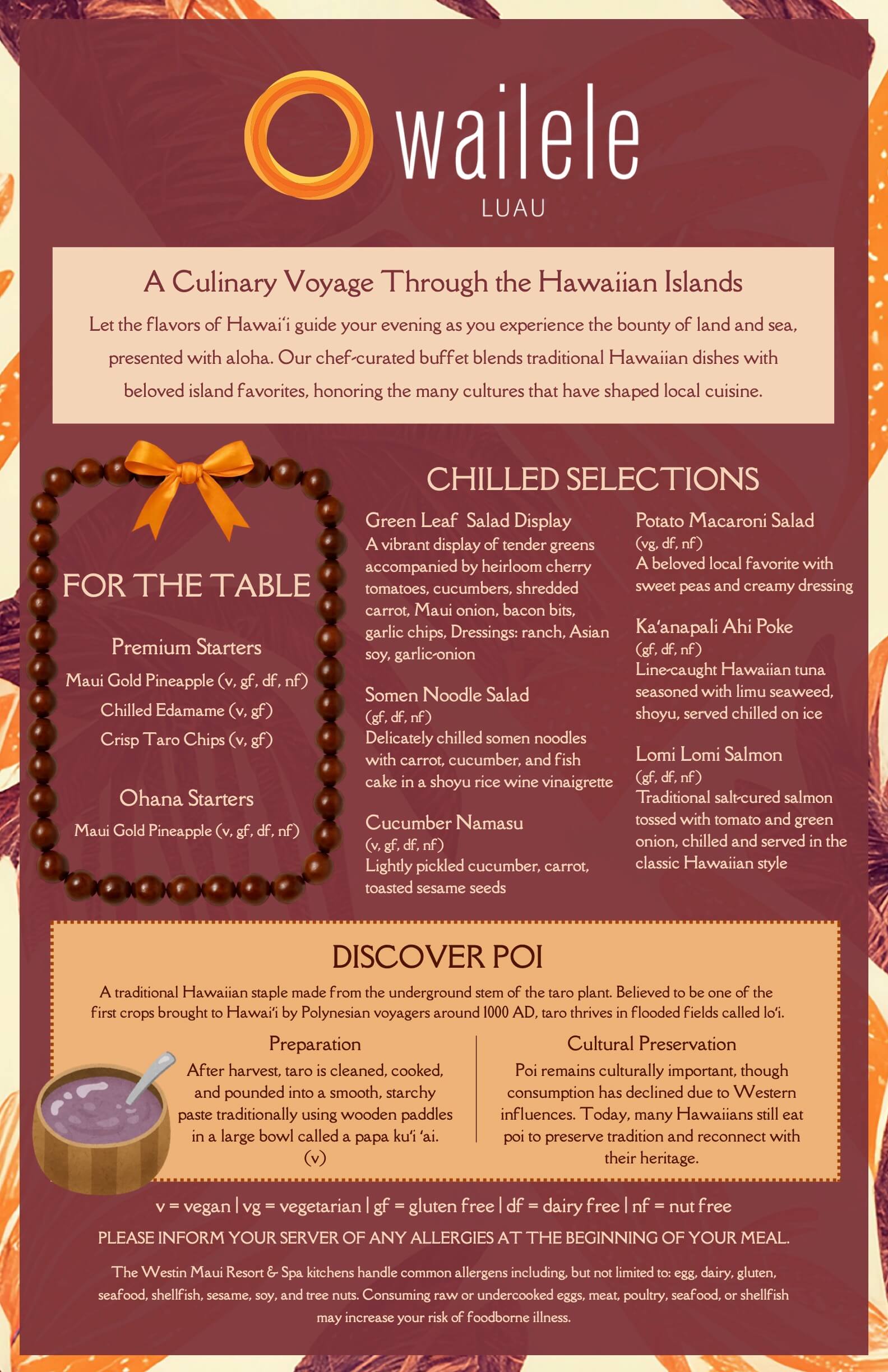 Menu for Wailele Luau featuring traditional Hawaiian dishes, chilled selections, and a section on poi.