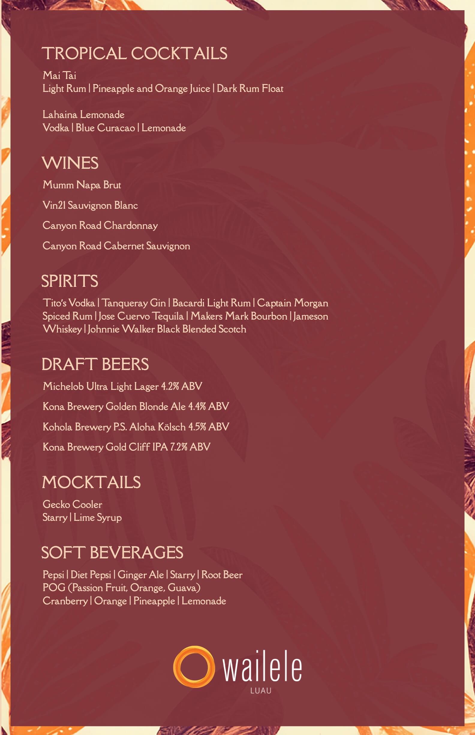 Menu with drinks: cocktails, wines, spirits, draft beers, mocktails, and soft beverages from Wailele Luau.